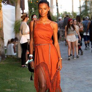 Topshop Orange Fringe Cage Back Midi Dress
